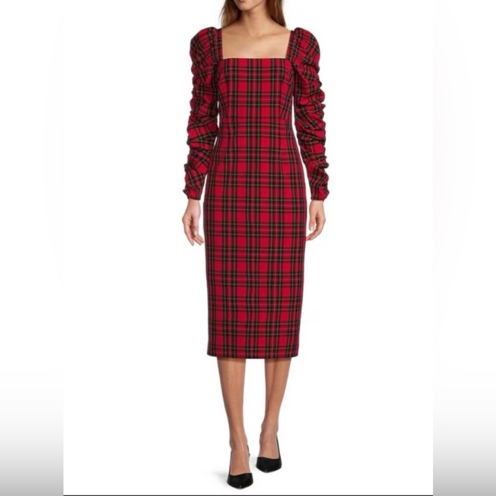 Red Plaid Ruched-Sleeve Midi Dress